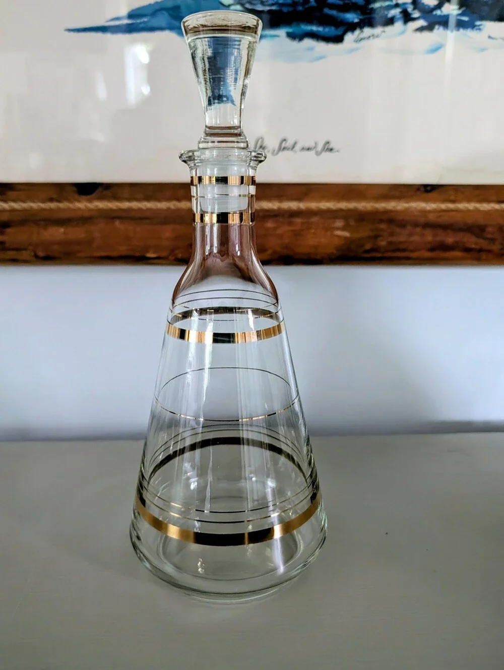 Vintage MCM Handblown Glass Decanter With Gilt Gold Rings Container With Stopper